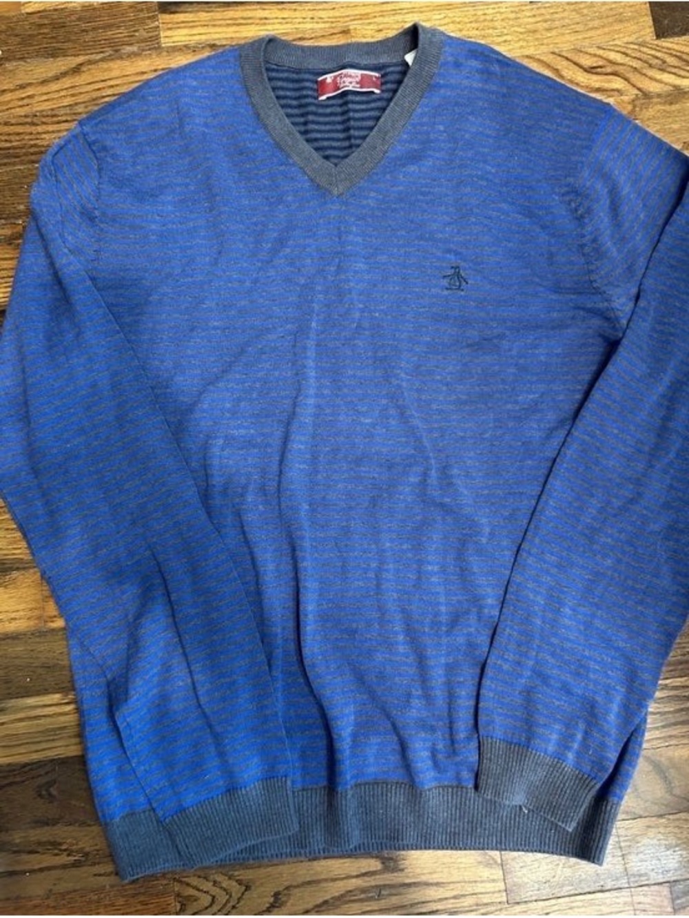 Original Penguin Men's Blue V-Neck Sweater with Gray Trim